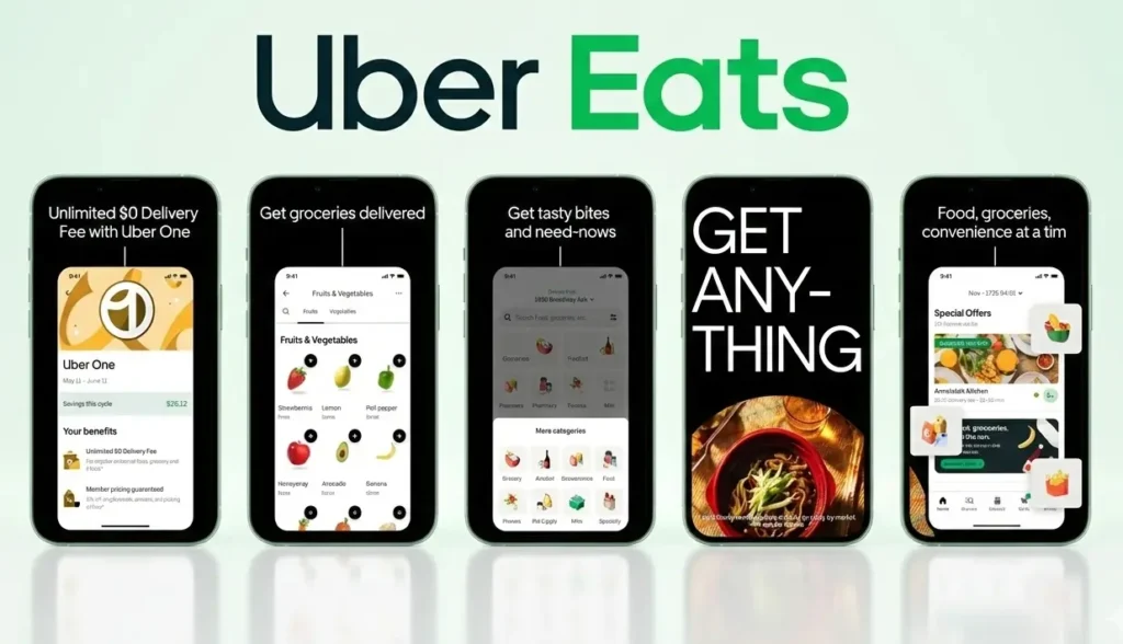 Uber Eats mobile app screens showing food delivery, grocery ordering, and on-demand services