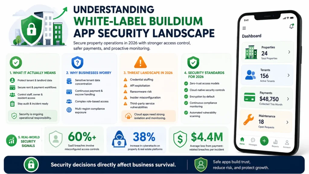 White-Label Buildium App Security: Risks, Compliance & Safety in 2026 1 Infographic explaining the white-label Buildium app security landscape in 2026, including tenant data protection, payment security, access control, cyber threats, compliance monitoring, and property management app risks.