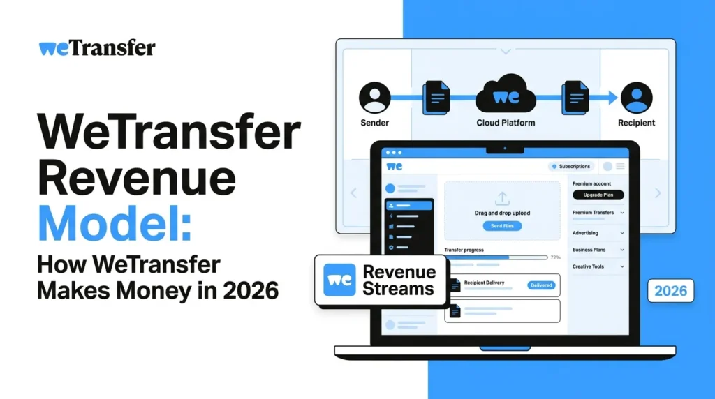 WeTransfer revenue model featured image showing sender-to-recipient cloud file transfer, upload dashboard, premium account upgrades, subscriptions, premium transfers, advertising, business plans, creative tools, and file delivery workflow.