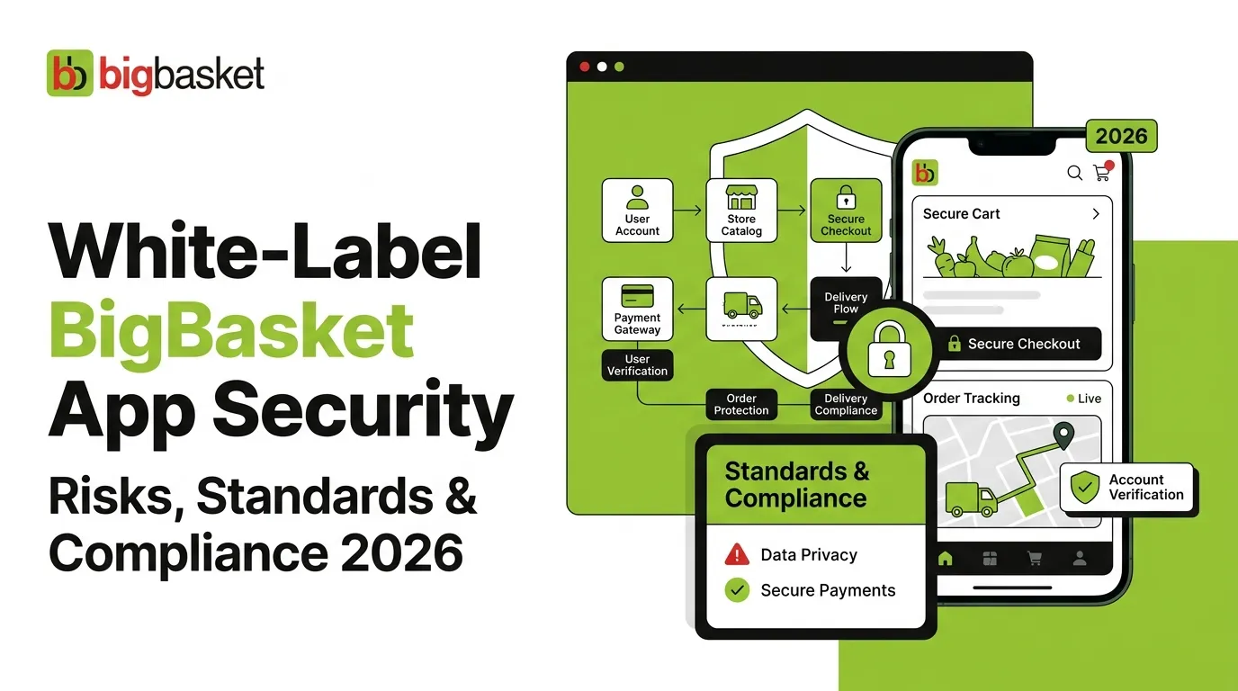 White-label BigBasket app security featured image showing secure cart, user verification, store catalog, payment gateway, protected checkout, delivery flow, order tracking, data privacy, secure payments, and compliance standards for 2026.