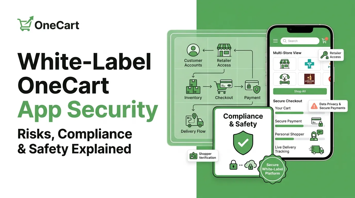 White-label OneCart app security featured image showing customer accounts, retailer access, inventory management, checkout, secure payments, shopper verification, personal shoppers, data privacy, live delivery tracking, and compliance protection.