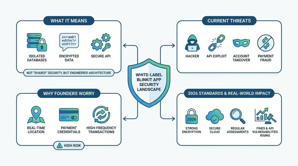 Infographic explaining the white-label Blinkit app security landscape with isolated databases, encrypted data, secure APIs, real-time location risks, payment credentials, high-frequency transactions, hacker threats, API exploits, account takeover, payment fraud, encryption, secure cloud, and regular assessments.