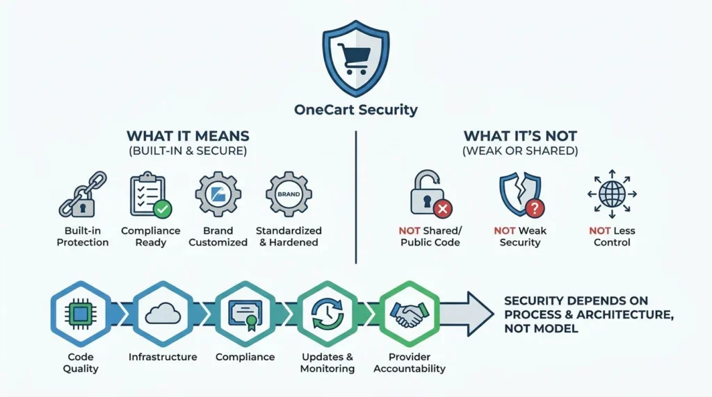 Infographic explaining white-label OneCart app security with built-in protection, compliance readiness, brand customization, hardened architecture, code quality, secure infrastructure, monitoring, provider accountability, and security misconceptions.