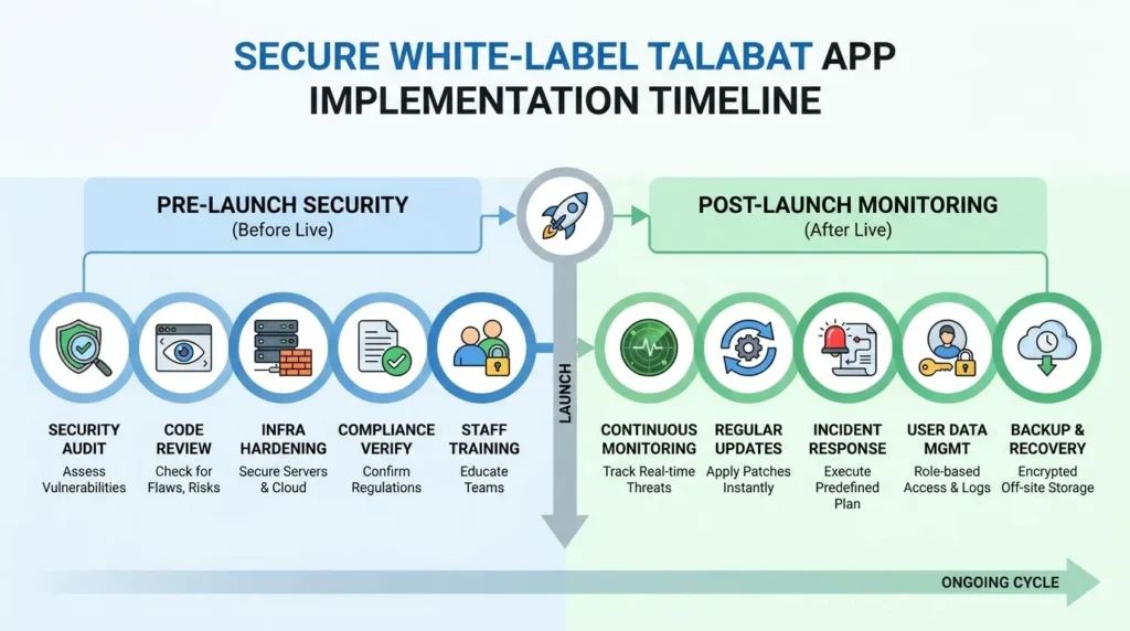 Infographic showing the secure white-label Talabat app implementation timeline with pre-launch security audit, code review, infrastructure hardening, compliance verification, staff training, continuous monitoring, regular updates, incident response, user data management, backup, and recovery.