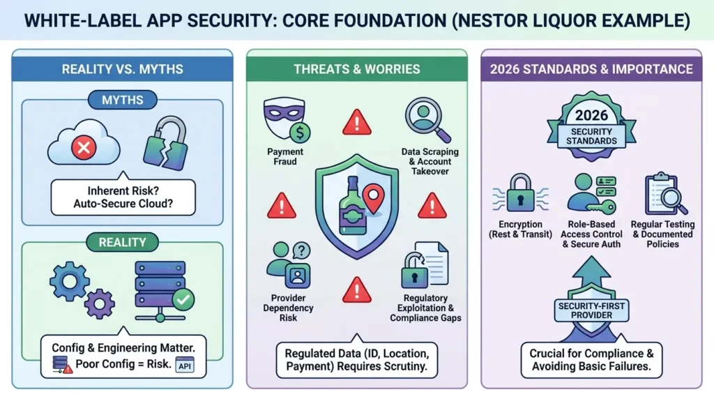 White-Label Nestor Liquor App Security: Risks, Compliance & Safety in 2026 1 Infographic showing secure white-label Nestor Liquor app implementation with pre-launch code audit, infrastructure hardening, compliance verification, staff training, continuous monitoring, security patches, incident response, user data management, backup recovery, and scheduled penetration testing.