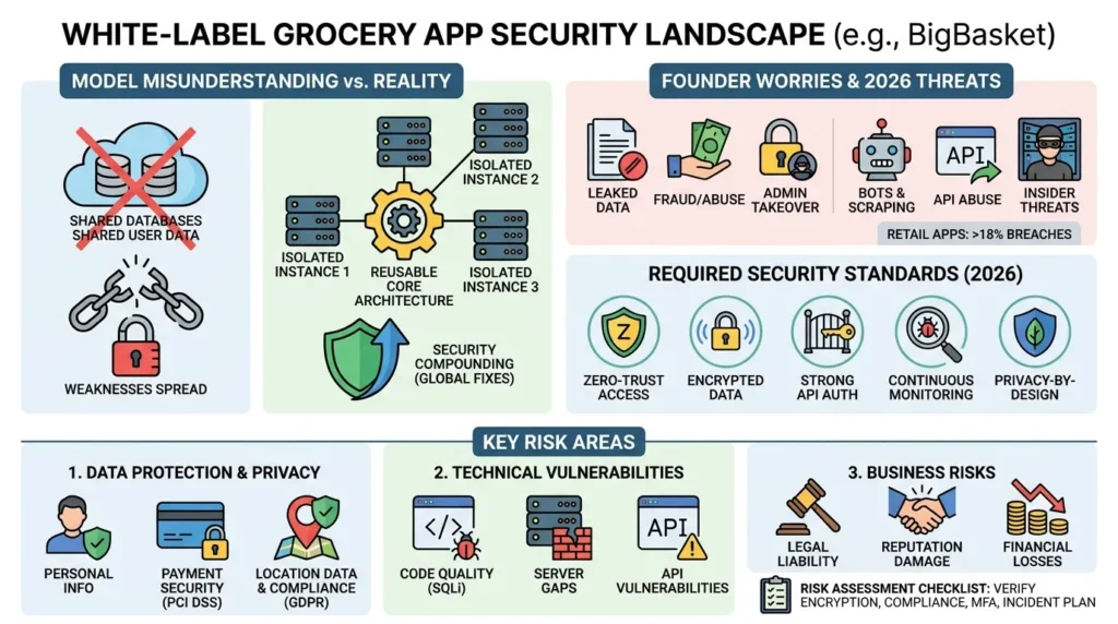 Infographic explaining the white-label grocery app security landscape using a BigBasket-style platform example, including isolated databases, reusable core architecture, leaked data, fraud, admin takeover, bots, scraping, API abuse, insider threats, encryption, zero-trust access, privacy, payment security, and business risks.