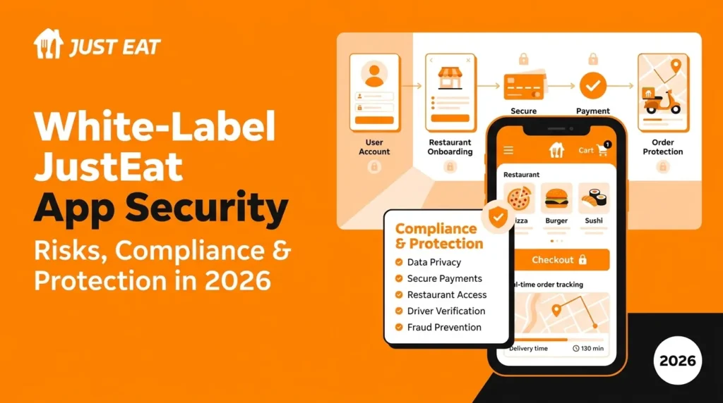 White-label Just Eat app security featured image showing user account protection, restaurant onboarding, secure payment, order protection, data privacy, restaurant access, driver verification, fraud prevention, checkout security, and real-time delivery tracking.
