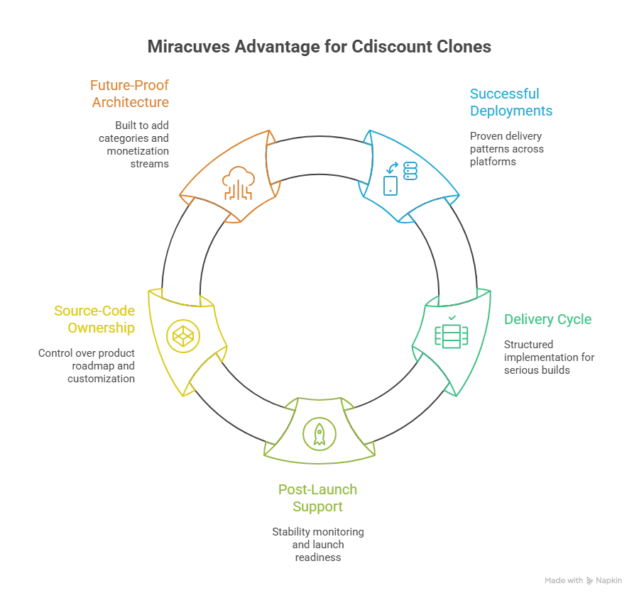 Miracuves Cdiscount clone marketplace showing buyer, seller, and admin dashboards with scalable architecture and automation for multi-vendor ecommerce.