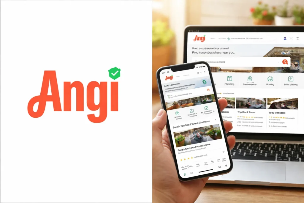 Angi home services marketplace displayed on mobile and desktop screens, showing service categories, local contractor listings, verified professionals, ratings, and reviews for plumbing, roofing, landscaping, cleaning, and home improvement services.
