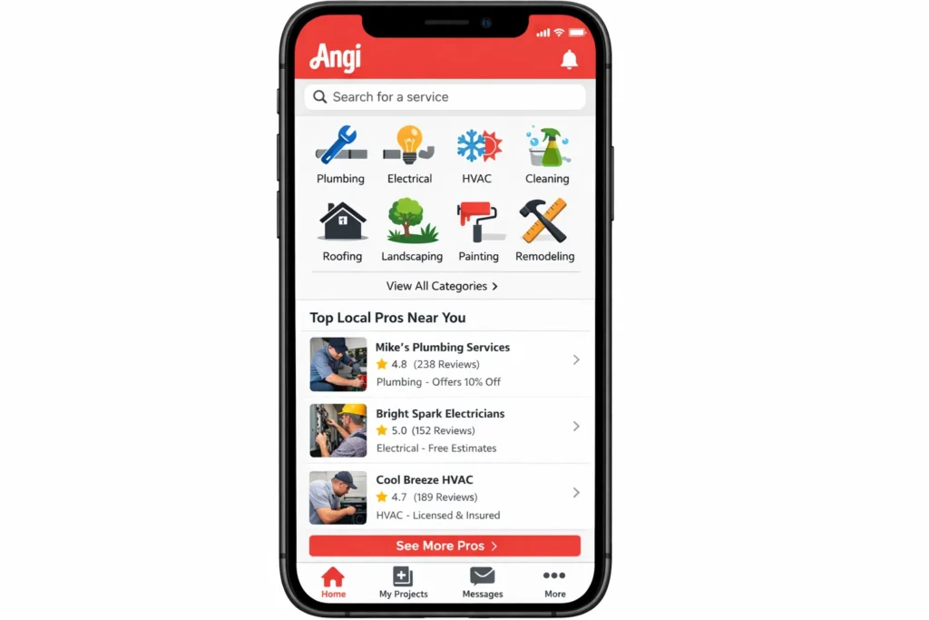 Angi mobile app interface displaying home services categories such as plumbing, electrical, HVAC, cleaning, roofing, landscaping, painting, and remodeling, along with top local professionals near the user, verified ratings, reviews, discounts, and service provider profiles for on-demand home service booking.