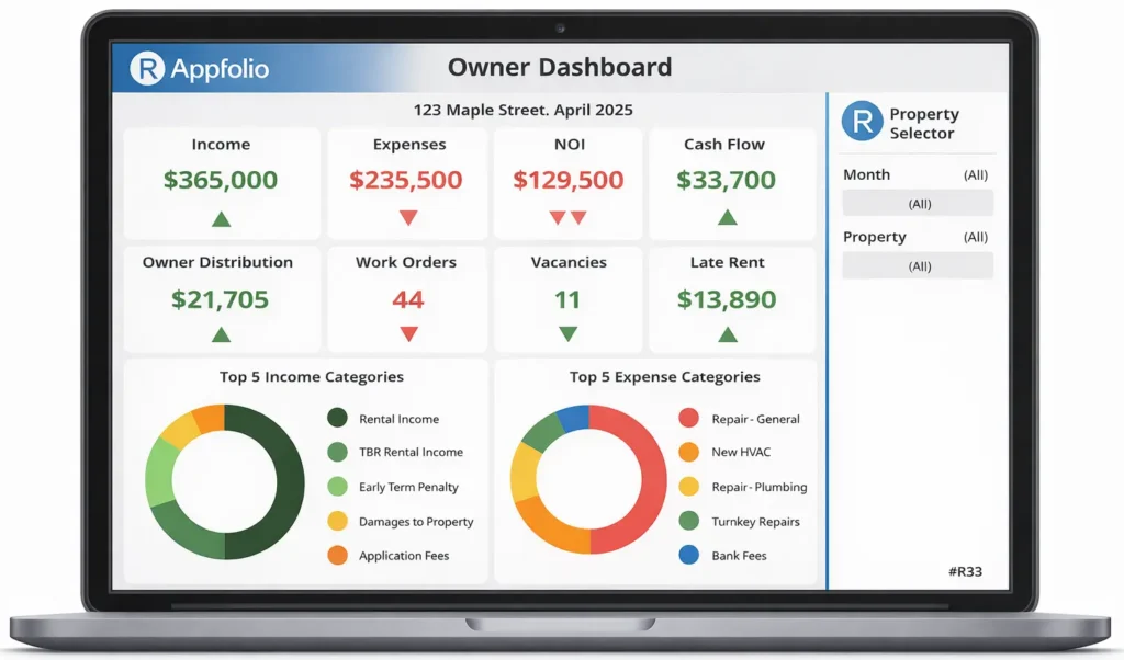 White-label AppFolio app owner dashboard showing secure property management data and financial analytics for 2025