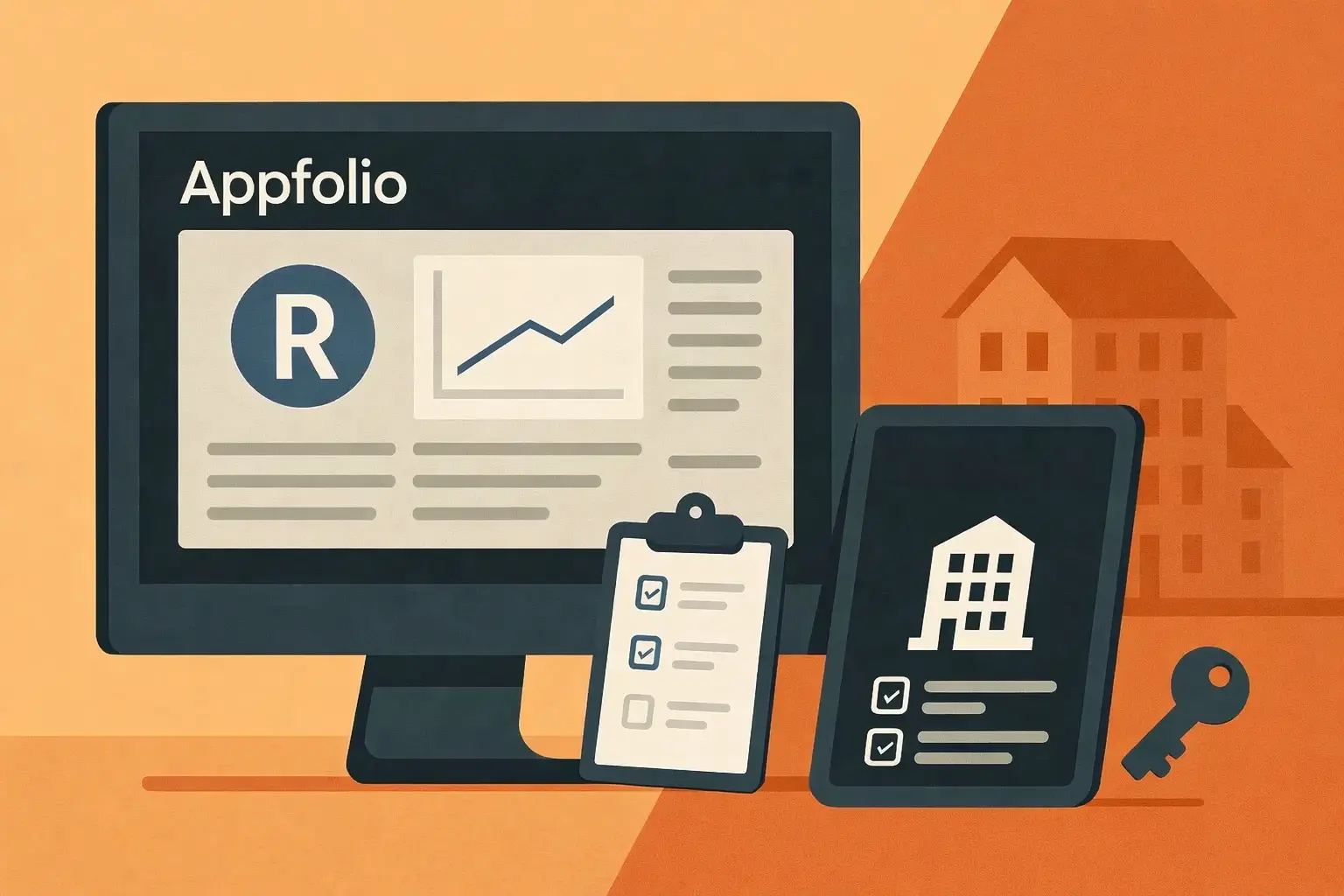 White-label AppFolio app security illustration showing property management dashboard, compliance checklist, and data protection concept