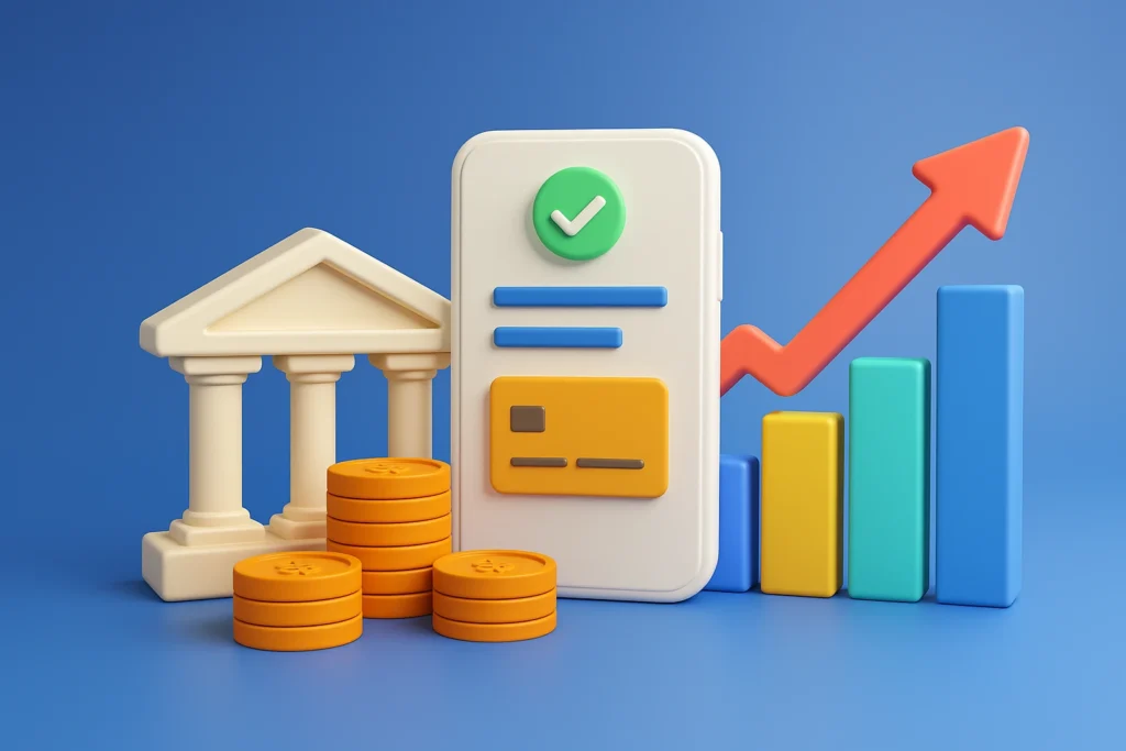 3D illustration of a digital banking app with coins, a bank building and rising bars symbolizing revenue growth from a banking script clone.