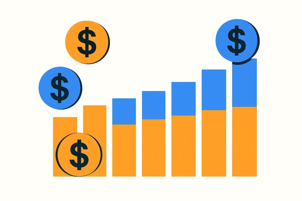 2D financial bar chart with rising revenue and cost comparison, showing digital banking solution growth.