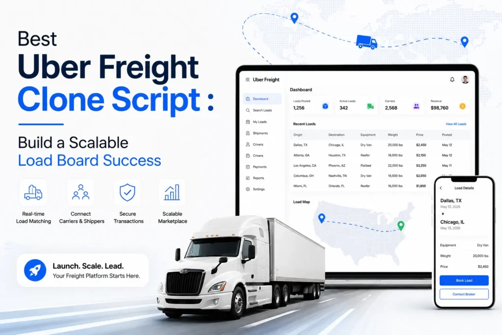 Best Uber Freight clone script featuring real-time load matching, carrier and shipper connections, secure transactions, and scalable load board management