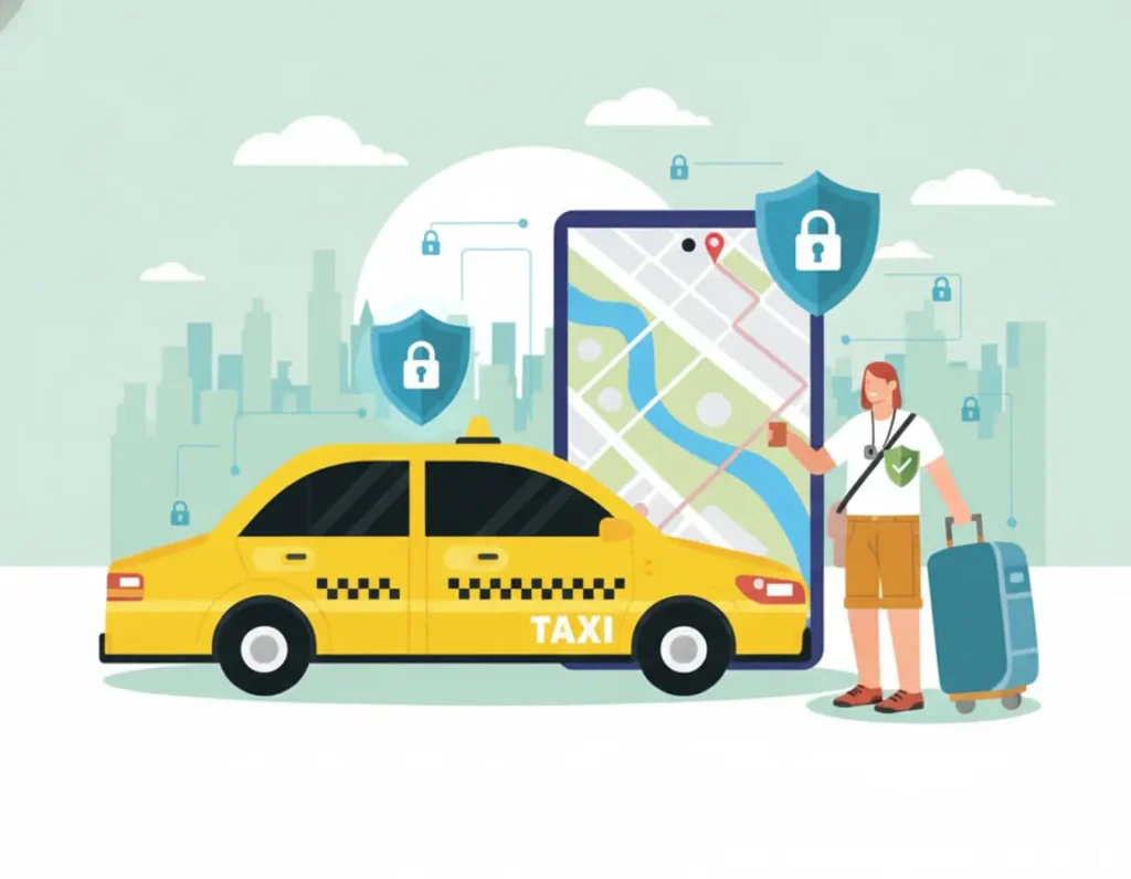 White-label Bolt app safety illustration showing secure taxi booking, encrypted location tracking, and protected user data