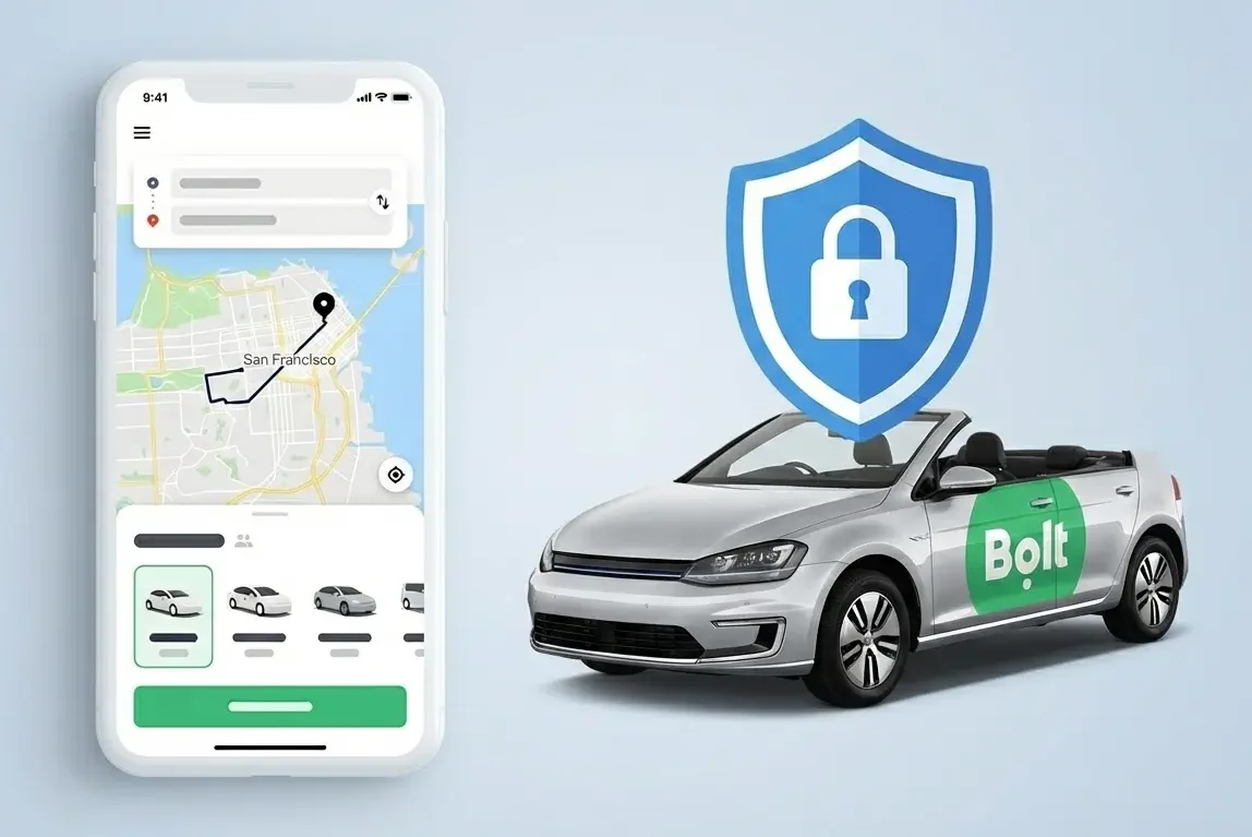 White-label Bolt app security showing protected ride-hailing platform with encrypted location tracking and secure user data