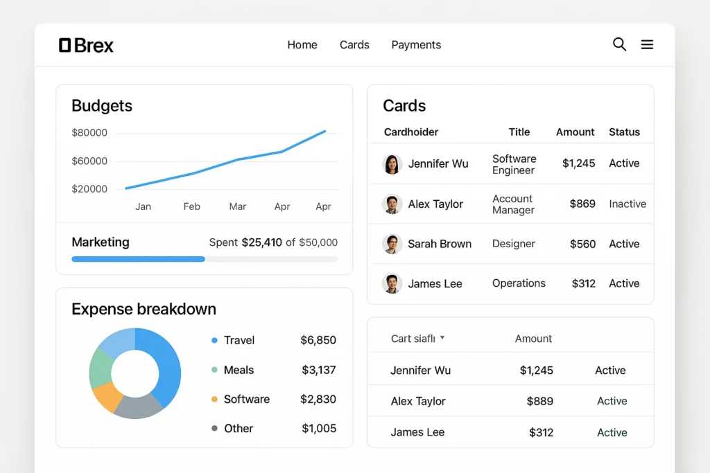 Brex platform user interface showing a business finance dashboard with budget tracking, employee card usage, and expense breakdown. The screen displays a line graph labeled “Budgets” with monthly spending rising from January to April, a progress bar for marketing budget showing $25,410 spent out of $50,000, a pie chart categorizing expenses into Travel, Meals, Software, and Other, and a cardholder table listing employees such as Jennifer Wu, Alex Taylor, Sarah Brown, and James Lee with their spending amounts and account status (Active or Inactive). The navigation bar at the top includes Home, Cards, and Payments tabs, representing a modern fintech app for corporate expense management.