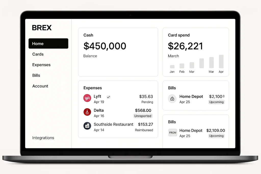 Laptop screen displaying the Brex financial dashboard UI. The left sidebar includes navigation sections such as Home, Cards, Expenses, Bills, Account, and Integrations. The main dashboard shows a $450,000 cash balance, $26,221 card spend chart for March, and recent expenses like Lyft, Delta, and Southside Restaurant with status tags such as Pending, Unreported, and Reimbursed. Bills section shows upcoming Home Depot payments, illustrating real-time expense tracking, corporate card management, and automated financial operations for businesses.