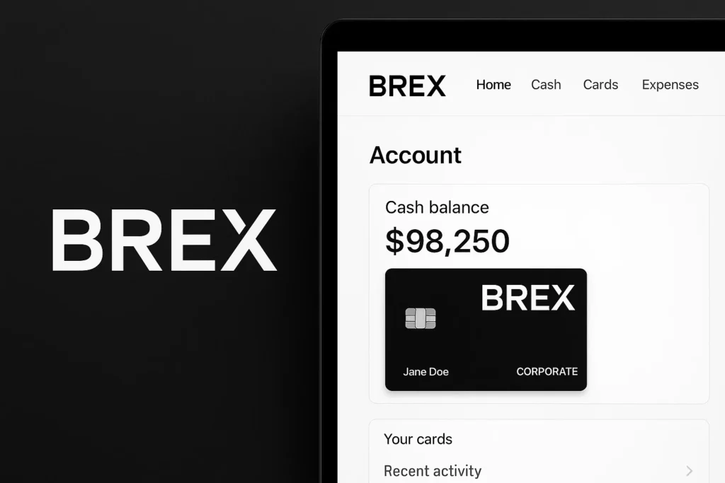 Fintech app interface of Brex showing a clean dashboard layout with a corporate card and account balance of $98,250. The screen displays navigation options like Home, Cash, Cards, and Expenses. A Brex black corporate card labeled “Jane Doe” is shown prominently, indicating business expense management and corporate banking features. The left side features a minimal black background with the BREX logo in bold white text, highlighting a modern financial solution for startups and enterprises.