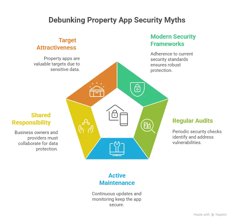 White-label Buildium app security framework showing data protection, access control, compliance, infrastructure security, and risk management