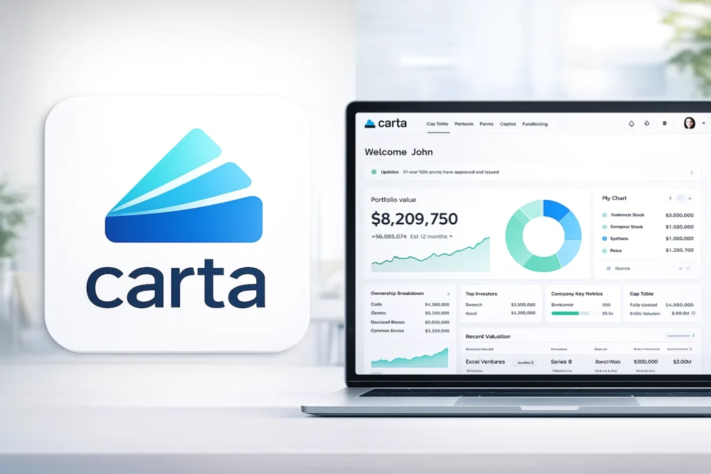 Carta equity management dashboard showing company portfolio value, cap table ownership breakdown, investor distribution pie chart, valuation trends, fundraising data, and key company metrics displayed on a laptop interface.