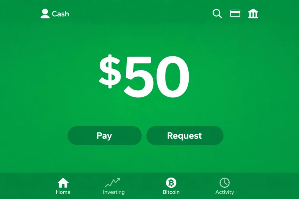 Cash App balance screen displaying a $50 wallet balance with Pay and Request buttons, green fintech interface, navigation icons for home, investing, bitcoin, and activity, representing a peer-to-peer payment app and digital wallet for instant money transfers.