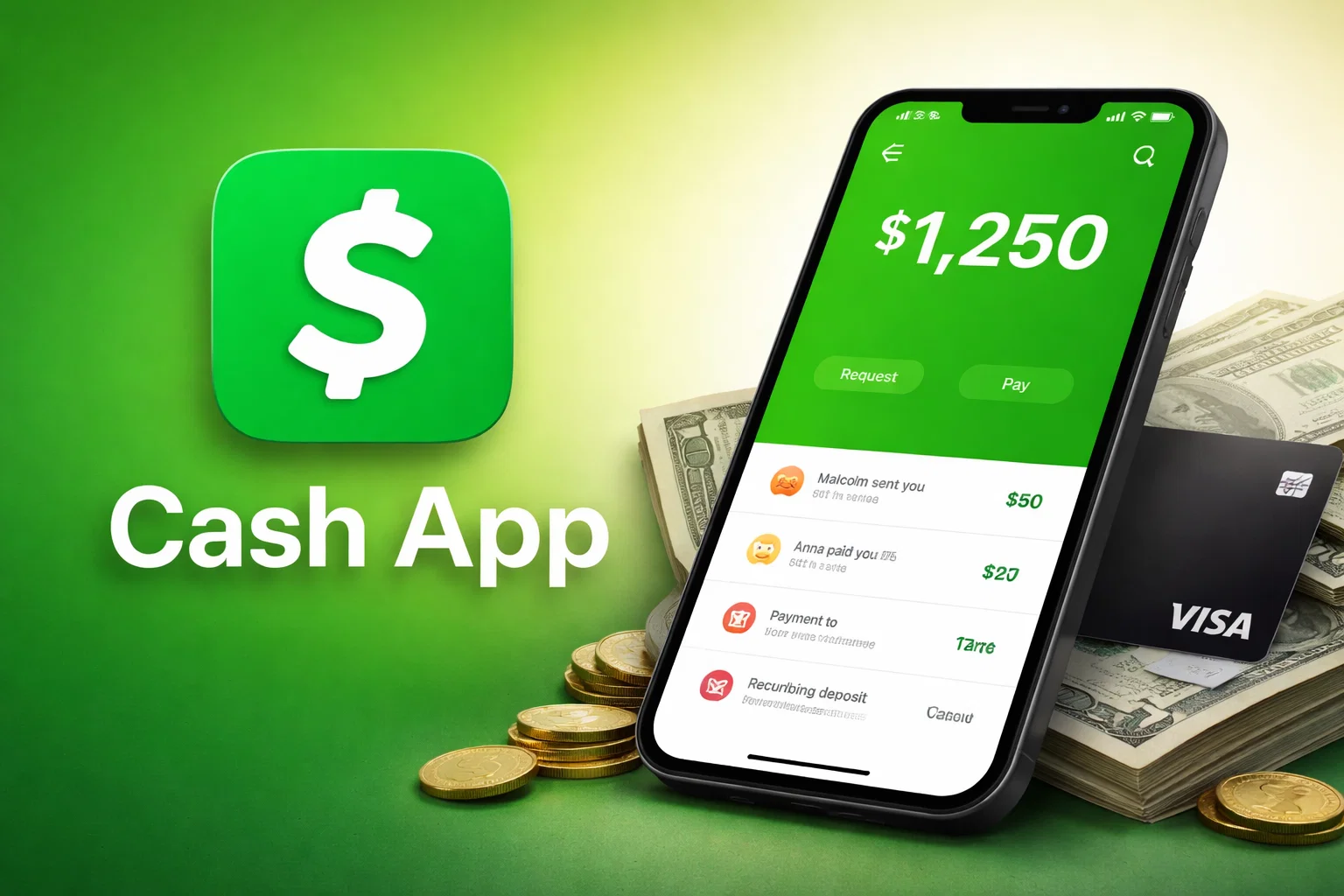Cash App mobile payment interface displayed on a smartphone showing a balance of $1,250, recent peer-to-peer transactions, request and pay options, Visa Cash Card, stacked dollar bills, and coins, representing a digital wallet and instant money transfer fintech application.