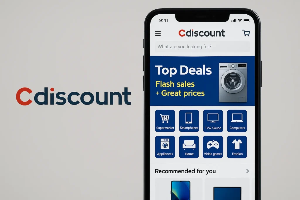 Cdiscount app logo and mobile interface showing top deals and shopping categories on a smartphone screen.