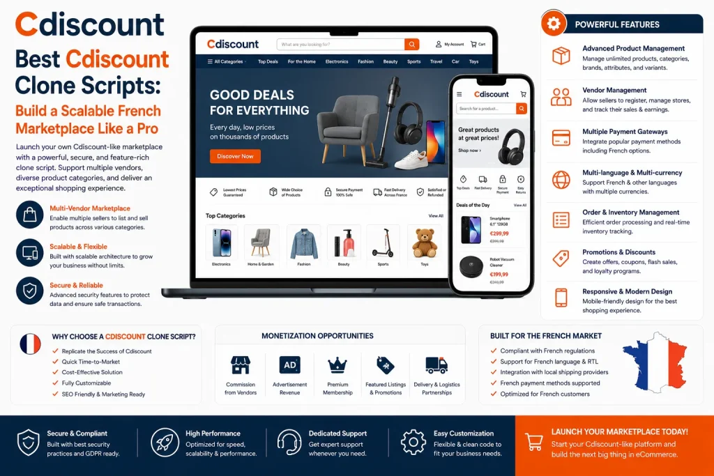 Cdiscount clone script infographic showing multi-vendor marketplace features, admin tools, mobile app, and scalable French eCommerce platform