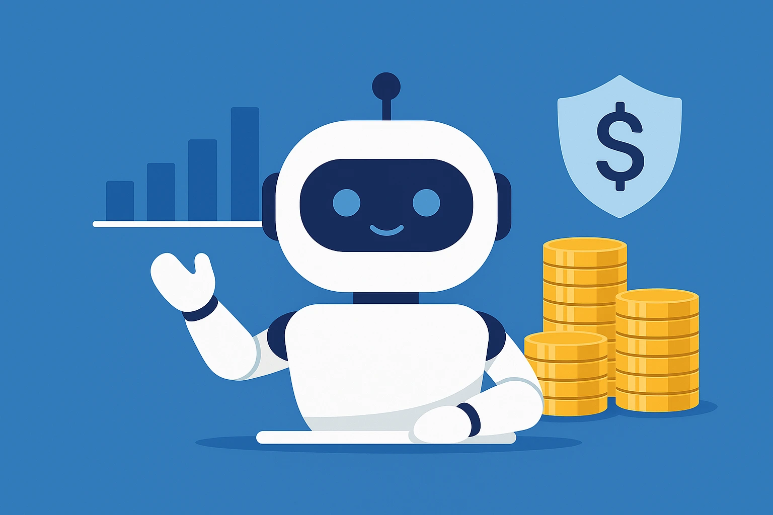 AI chatbot robot with revenue chart and coin stacks illustrating ChatGPT clone monetization and business growth.