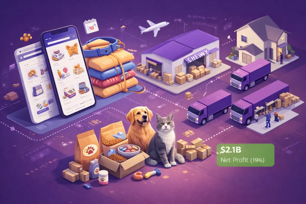 Chewy revenue model showcasing a subscription-based pet ecommerce marketplace with logistics and fulfillment