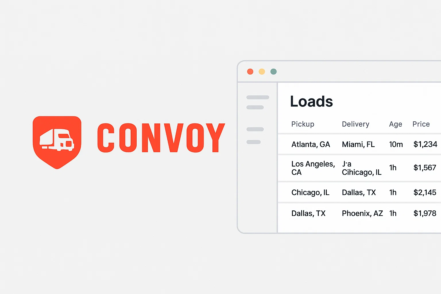 Convoy freight marketplace graphic showing the Convoy logo in bold red with a truck icon on the left side, and a minimalist load board interface on the right. The load board lists available loads with pickup and delivery locations, including Atlanta to Miami, Los Angeles to Chicago, Chicago to Dallas, and Dallas to Phoenix. Each row displays load age ranging from 10 minutes to 1 hour and pricing from $1,234 to $2,145. The interface resembles a simplified web dashboard with navigation icons on the left and load details on the right, representing Convoy’s digital freight matching and real-time load booking features.