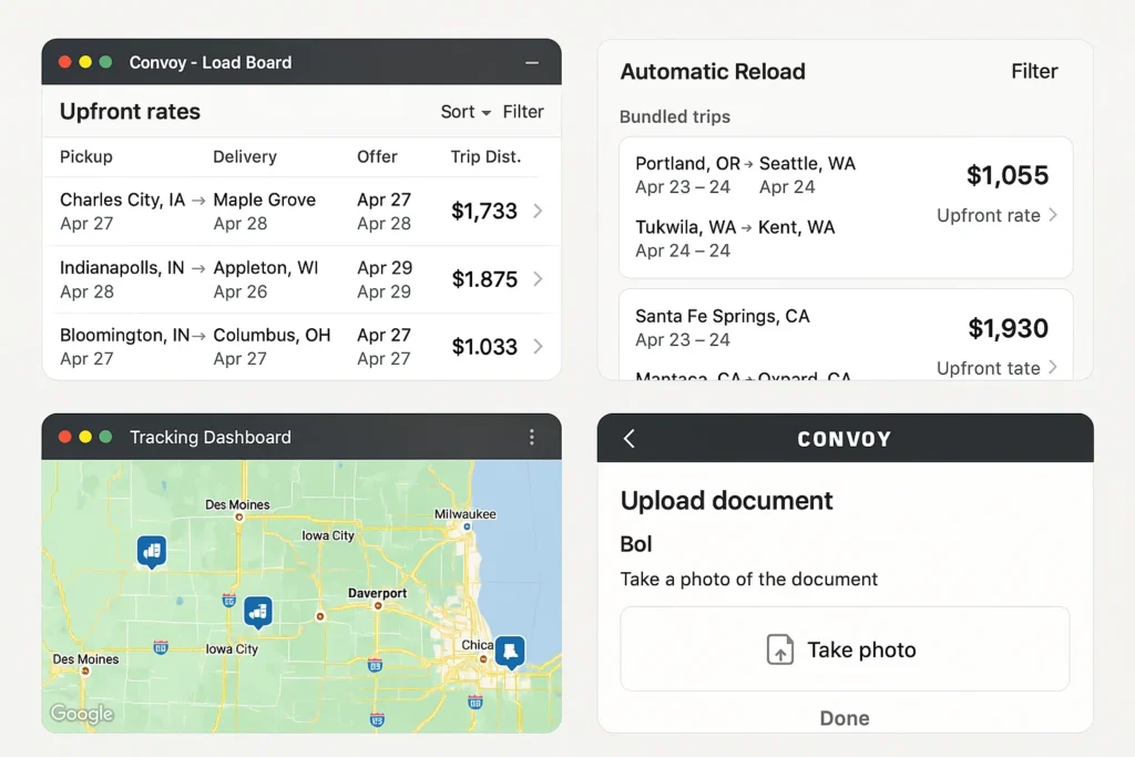 Four-panel Convoy dashboard showing different freight management features. The top-left panel displays the Convoy Load Board with upfront rates including routes from Charles City, IA to Maple Grove, Indianapolis, IN to Appleton, WI, and Bloomington, IN to Columbus, OH, with trip distances and offer amounts such as $1,733 and $1,875. The top-right panel shows Automatic Reload bundled trips like Portland to Seattle and Tukwila to Kent with upfront rates of $1,055 and $1,930. The bottom-left panel is a Tracking Dashboard with a Google Maps view highlighting shipment locations around Iowa City, Des Moines, Davenport, and Chicago. The bottom-right panel shows the Convoy mobile interface for uploading documents, specifically BOL (Bill of Lading), with a “Take photo” button and “Done” option. The layout highlights Convoy’s digital freight automation, real-time load booking, shipment tracking, and document upload workflows.