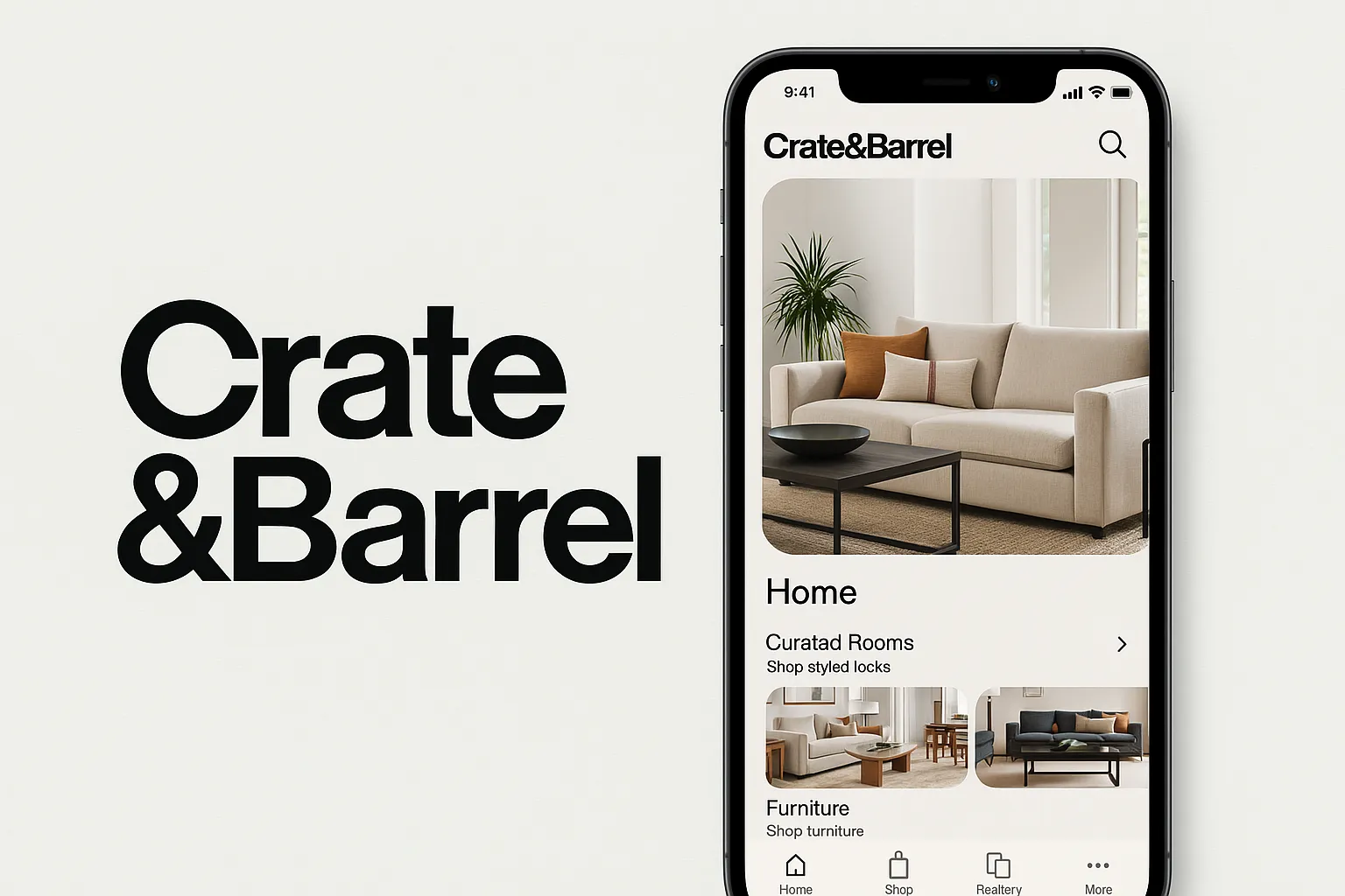 Crate & Barrel app logo with smartphone interface showing modern sofa, curated rooms, and home décor categories.