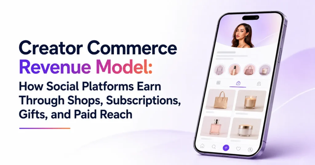 Creator commerce revenue model showing social platforms earning through shops, subscriptions, virtual gifts, and paid reach