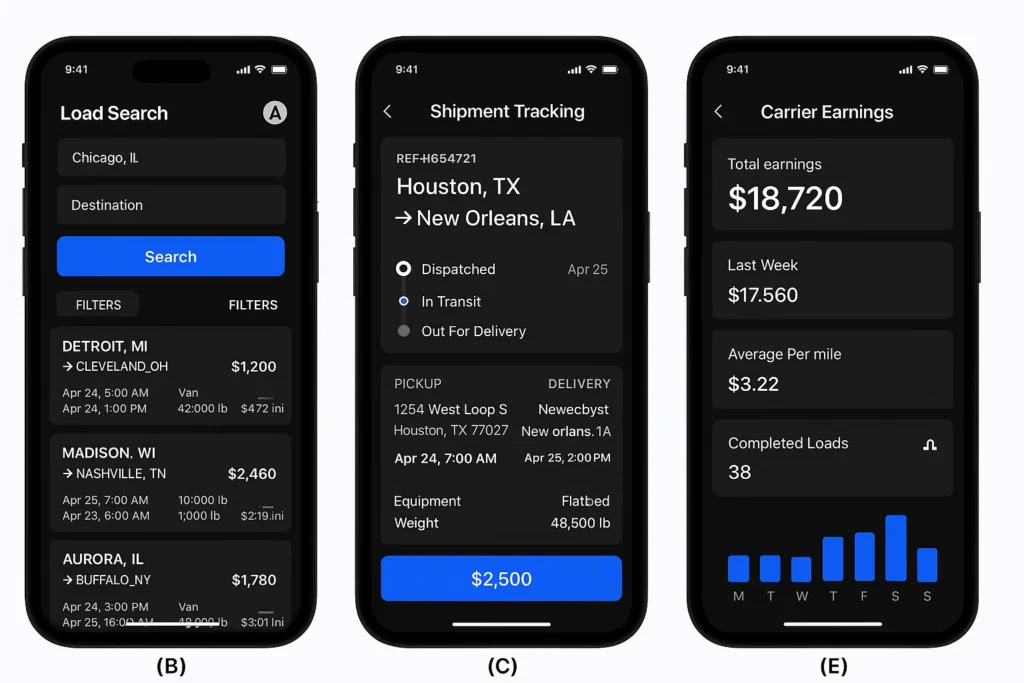 Three mobile screens in dark mode displaying logistics and freight management features.
The first screen shows a Load Search interface with origin set to Chicago, IL, a destination field, a blue Search button, and load results such as Detroit to Cleveland for $1,200 with 42,000 lb weight, Madison to Nashville for $2,460, and Aurora to Buffalo for $1,780.