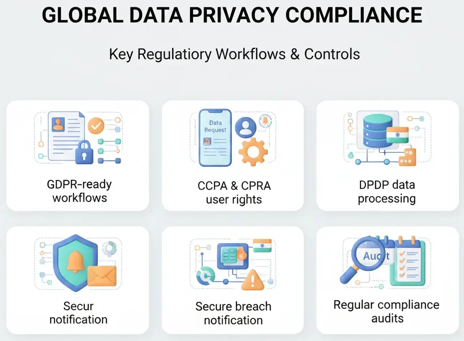 A professional 3D visual representing global data security regulations, featuring icons of GDPR, CCPA, and DPDP, linked by secure data flow lines on a white background.