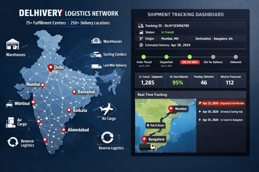 Delhivery logistics network dashboard showing India-wide fulfillment centers, warehouses, sorting hubs, air cargo routes, reverse logistics, and real-time shipment tracking from Mumbai to Bangalore with delivery status, estimated delivery date, and performance analytics.