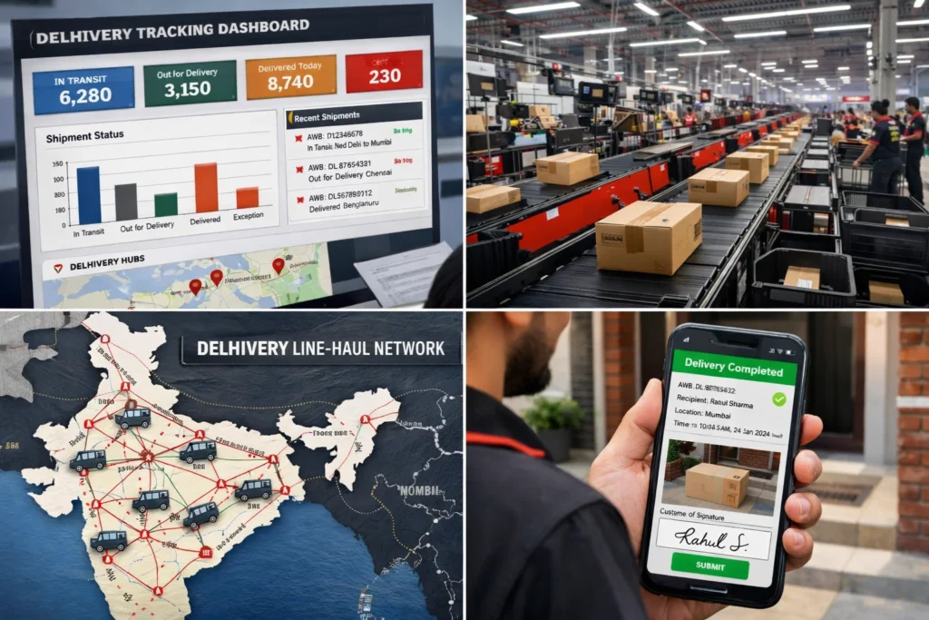 Delhivery logistics operations showing shipment tracking dashboard, automated warehouse sorting facility, line-haul transportation network across India, and last-mile delivery confirmation using mobile proof of delivery with customer signature.