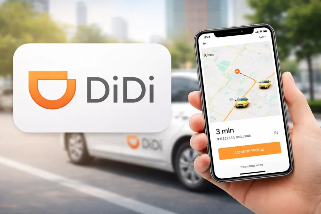 DiDi ride hailing app interface showing live car tracking on a city map, estimated pickup time, and confirm pickup option on a smartphone, with DiDi taxi vehicle in the background, representing on-demand transportation and mobility services.