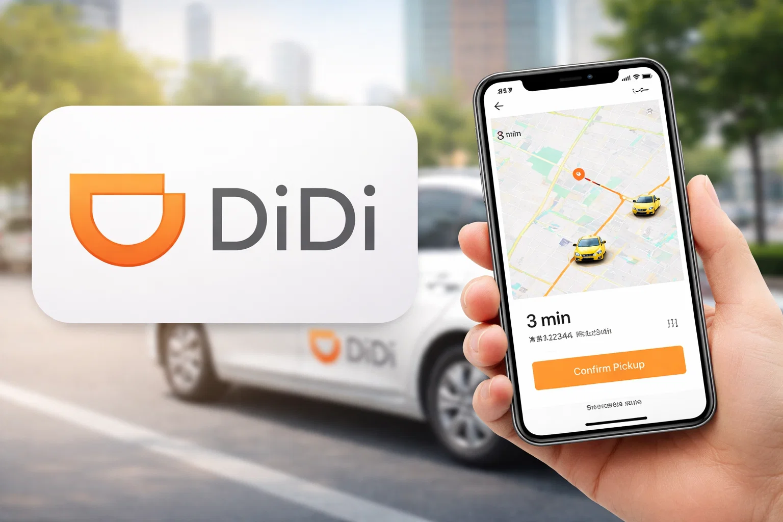 DiDi ride hailing app interface showing live car tracking on a city map, estimated pickup time, and confirm pickup option on a smartphone, with DiDi taxi vehicle in the background, representing on-demand transportation and mobility services.