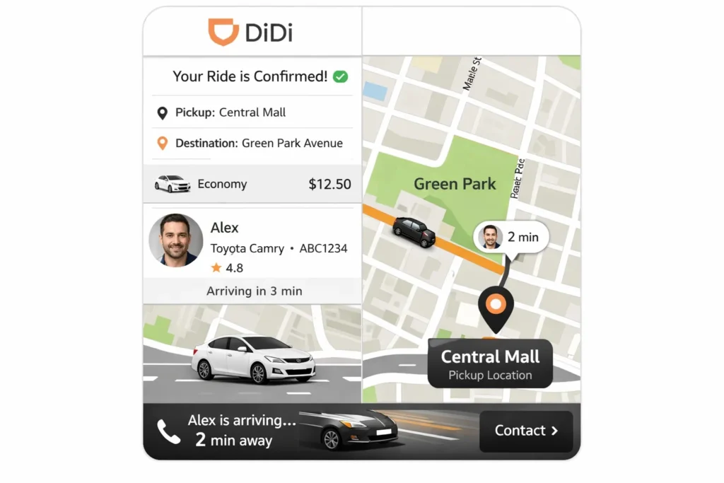 DiDi ride-hailing app screen showing a confirmed ride from Central Mall to Green Park Avenue with driver details, fare, car photo, and live car location on a city map