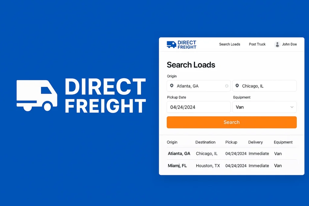 Direct Freight platform interface showing a truck icon logo on a blue background with a load-search screen where users can enter origin, destination, pickup date, and equipment type. The form displays “Atlanta, GA” to “Chicago, IL” with a pickup date of 04/24/2024 and equipment set to Van, along with recent load listings such as Atlanta to Chicago and Miami to Houston. The user dashboard includes options like Search Loads, Post Truck, and user profile, representing a real-time freight matching and logistics management platform.