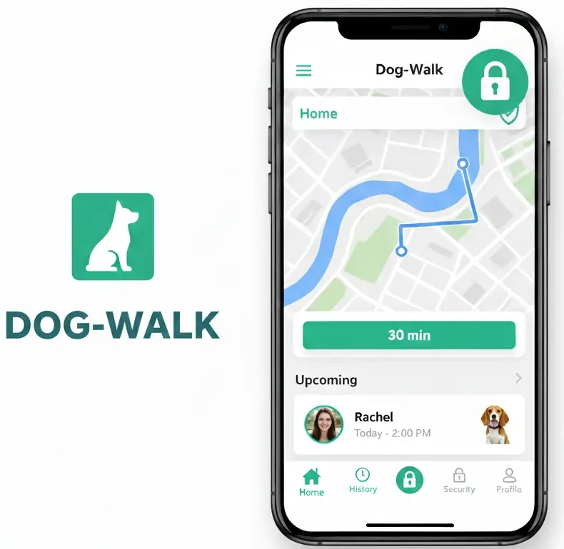 Dog walk mobile app interface showing GPS route tracking, secure lock icon, upcoming dog walking schedule and walker profile