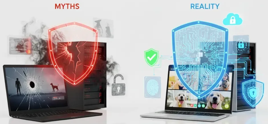 Dog walking app security myths vs reality comparison showing insecure and secure systems side by side
