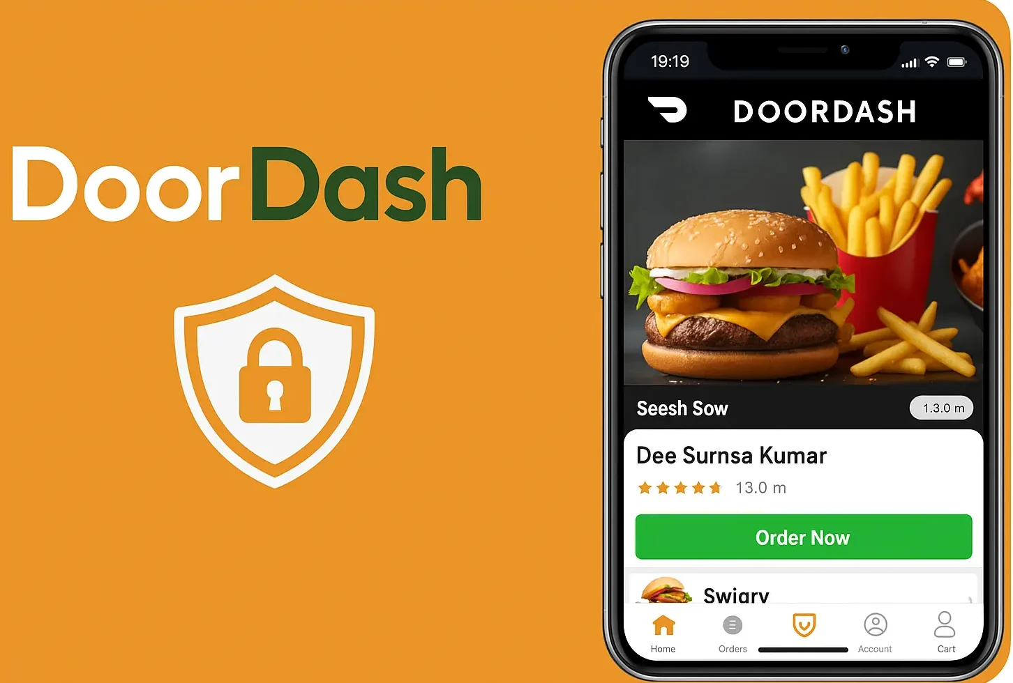 DoorDash food delivery app security visual showing secure ordering interface with shield icon and mobile app screen