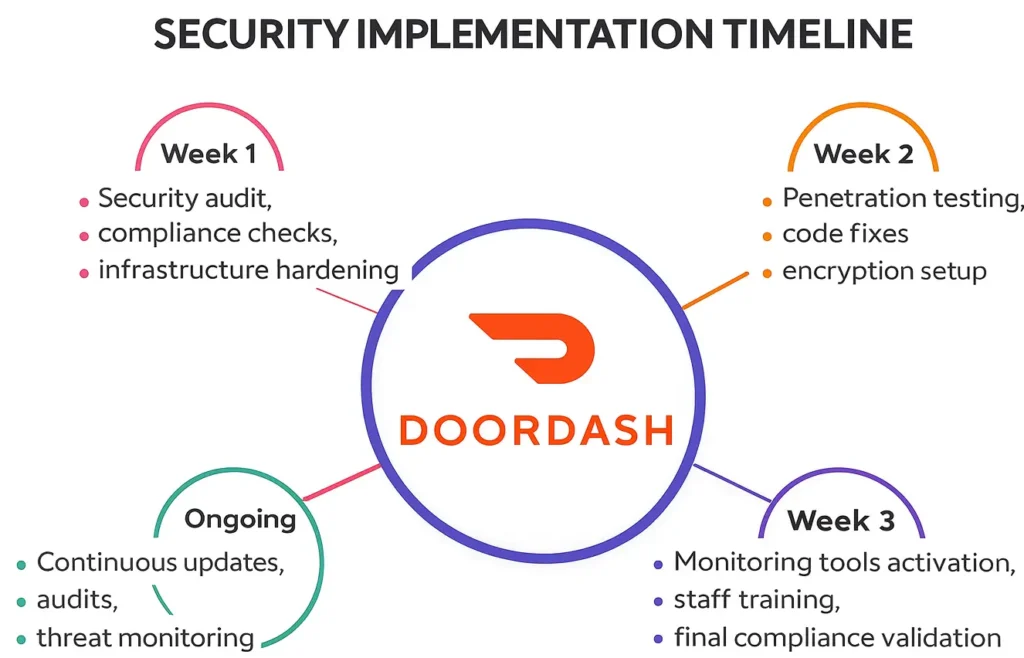 Security implementation timeline for DoorDash app showing Week 1 audit, Week 2 penetration testing, Week 3 monitoring setup, and ongoing threat monitoring