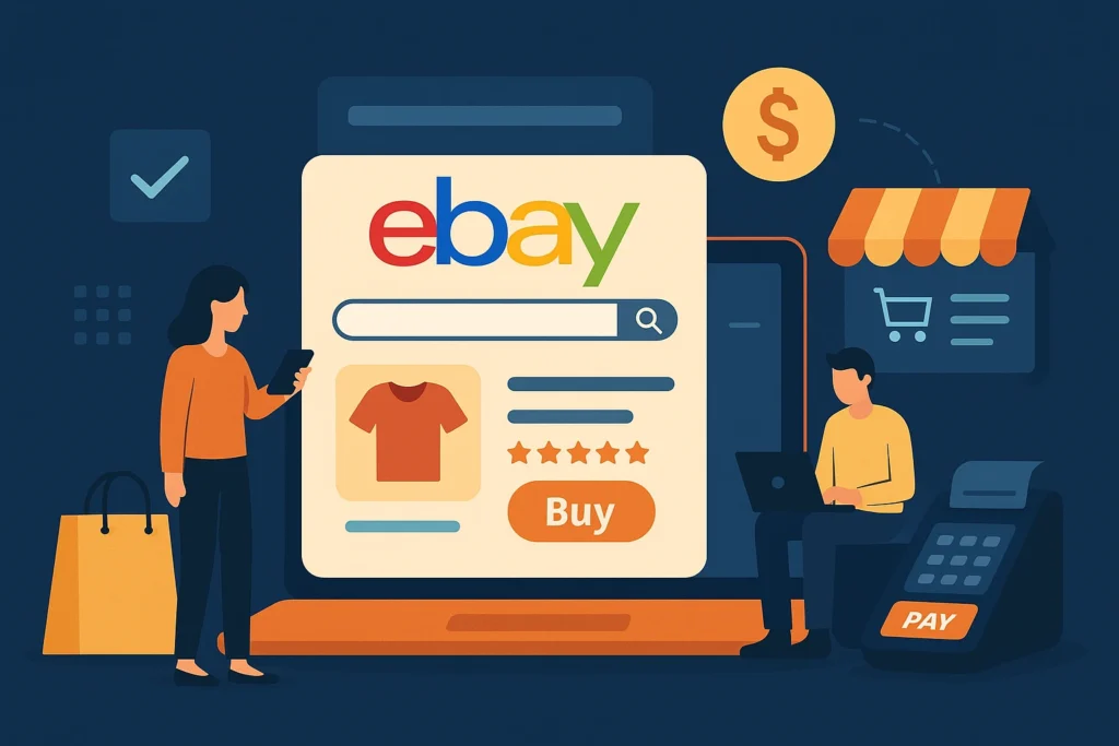 A modern, creative feature image depicting marketplace revenue systems with digital dashboards, transaction flow visuals, and monetization elements inspired by eBay’s business model.