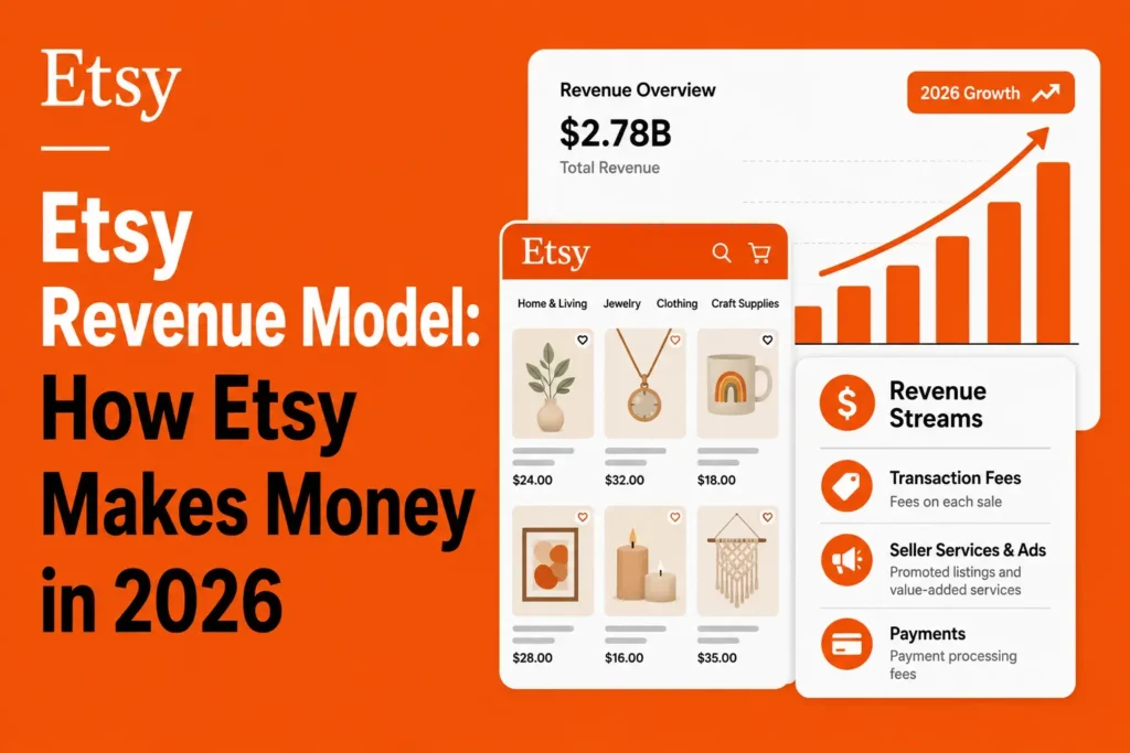 Etsy revenue model featured image showing an online marketplace interface, handmade products, revenue overview chart, transaction fees, seller services and ads, payments, and 2026 eCommerce monetization streams.